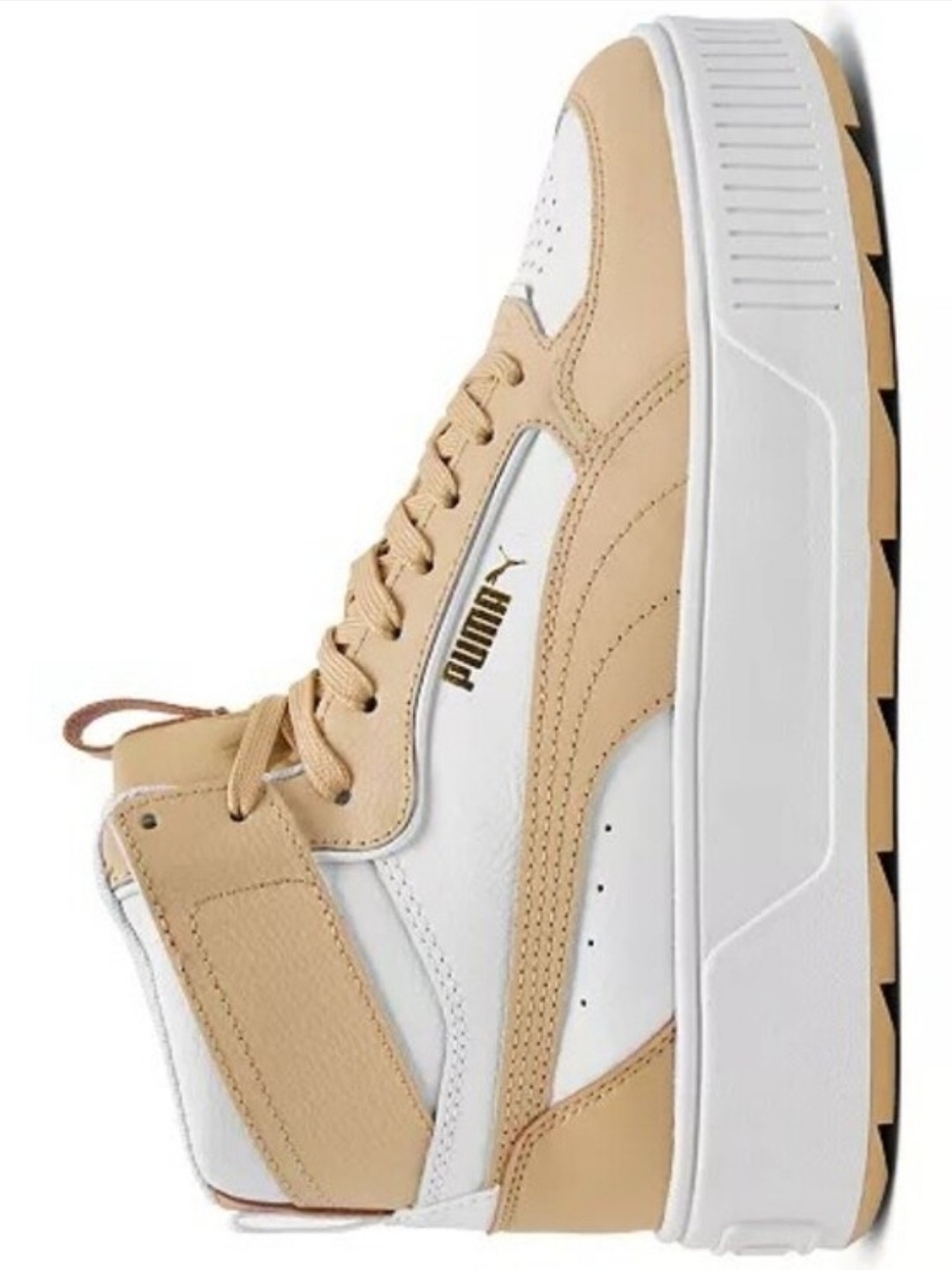 Puma Womenβs Mid-Top Sneaker in Beige and White